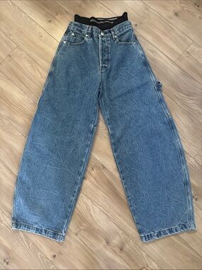 Women’s prestyled oversized Wide Leg Blue Denim jeans size 25 preowned